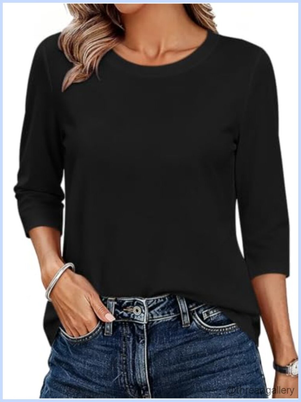 3/4 Sleeve Womens Tunic Top Cotton Blend Crew Neck Loose Fit
